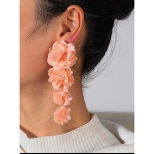 Light pink earring long rose big large baby pink floral earring flower gold tone